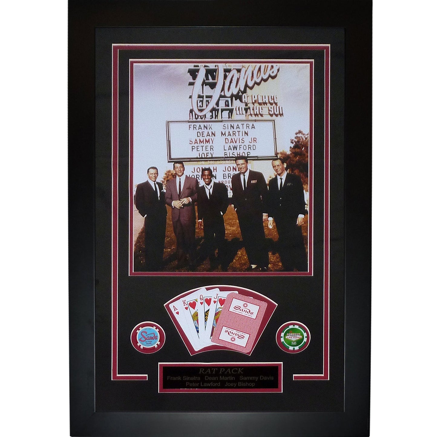 Rat Pack Sands Las Vegas Deluxe Framed Piece with Sands Poker Hand Playing Cards and Poker Chips