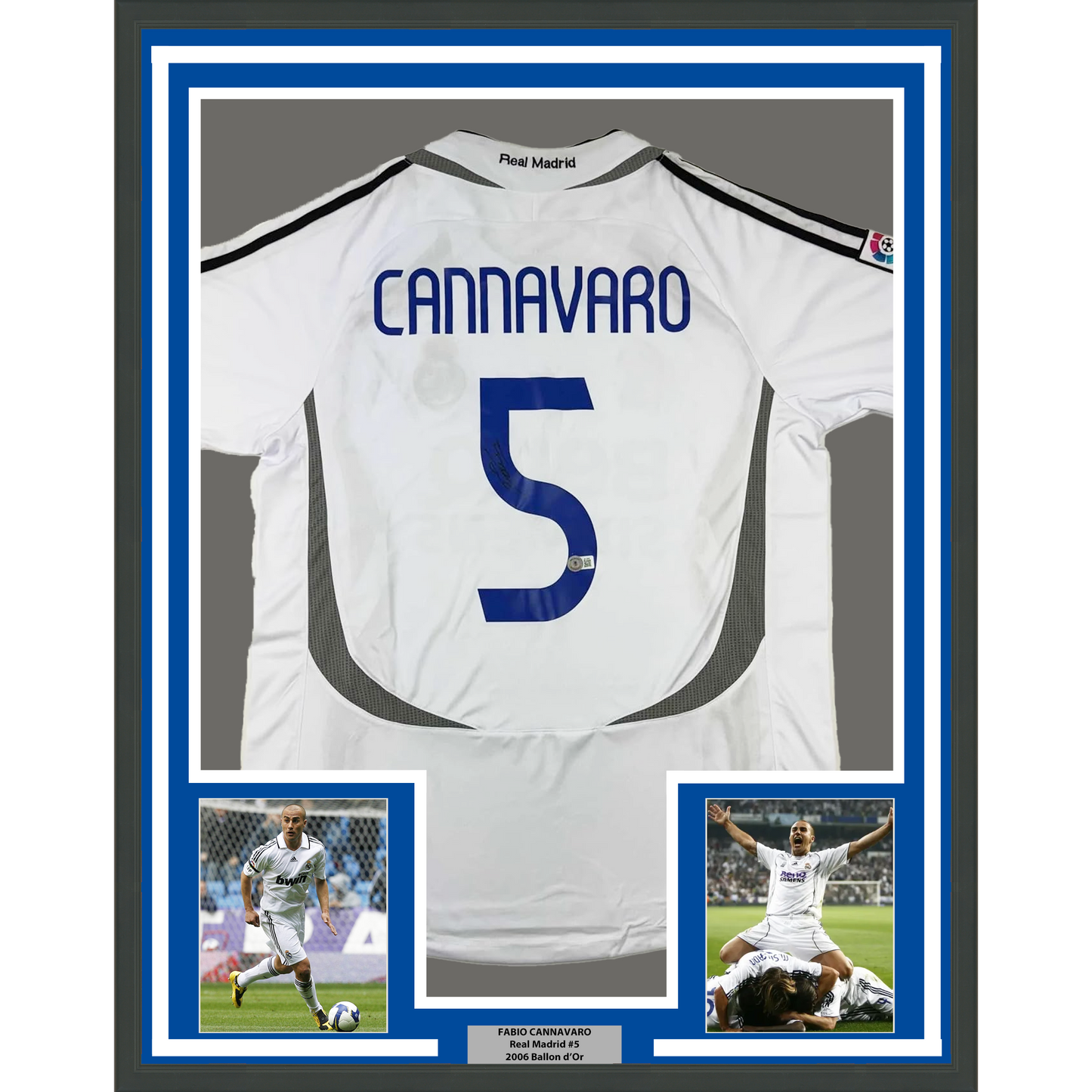 Framed Autographed/Signed Fabio Cannavaro 35x39 Real Madrid White Soccer Jersey Beckett BAS COA