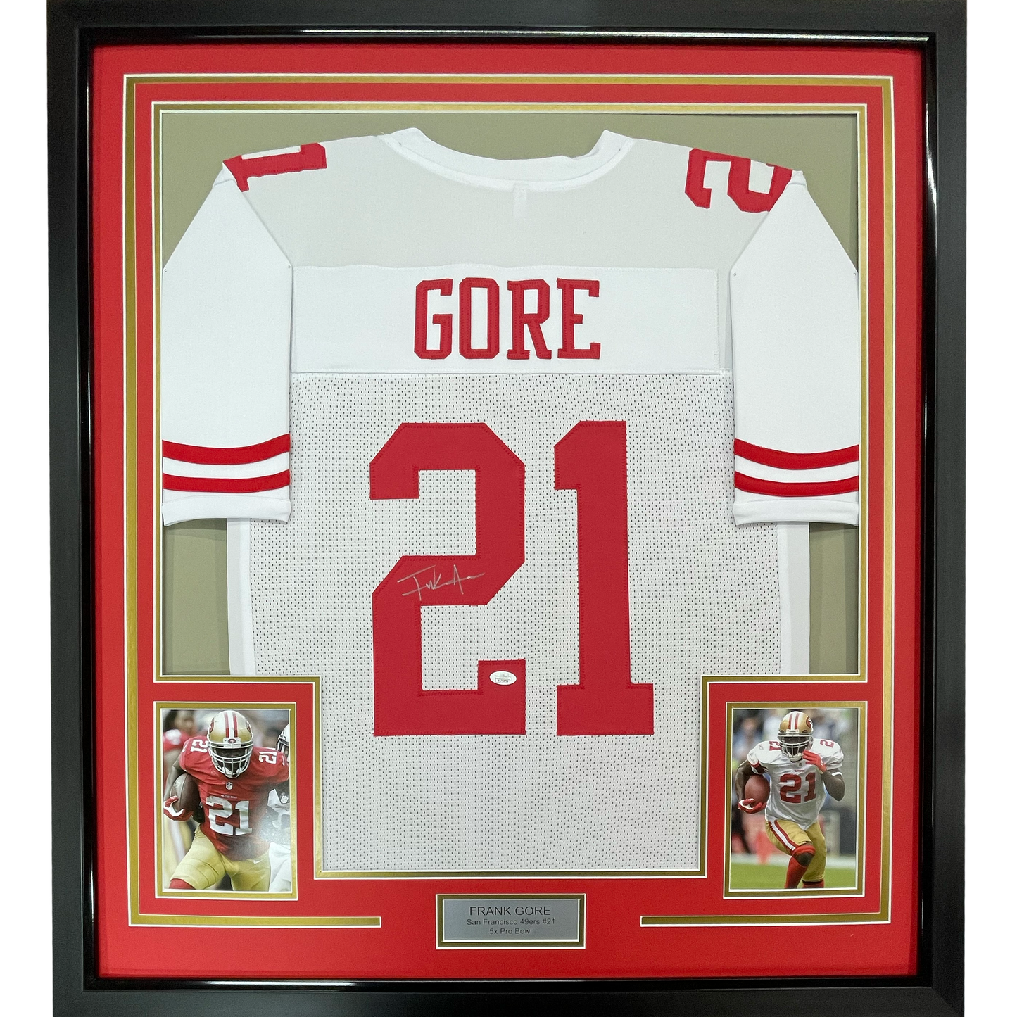 Framed Autographed/Signed Frank Gore 35x39 San Francisco White Football Jersey Beckett BAS COA