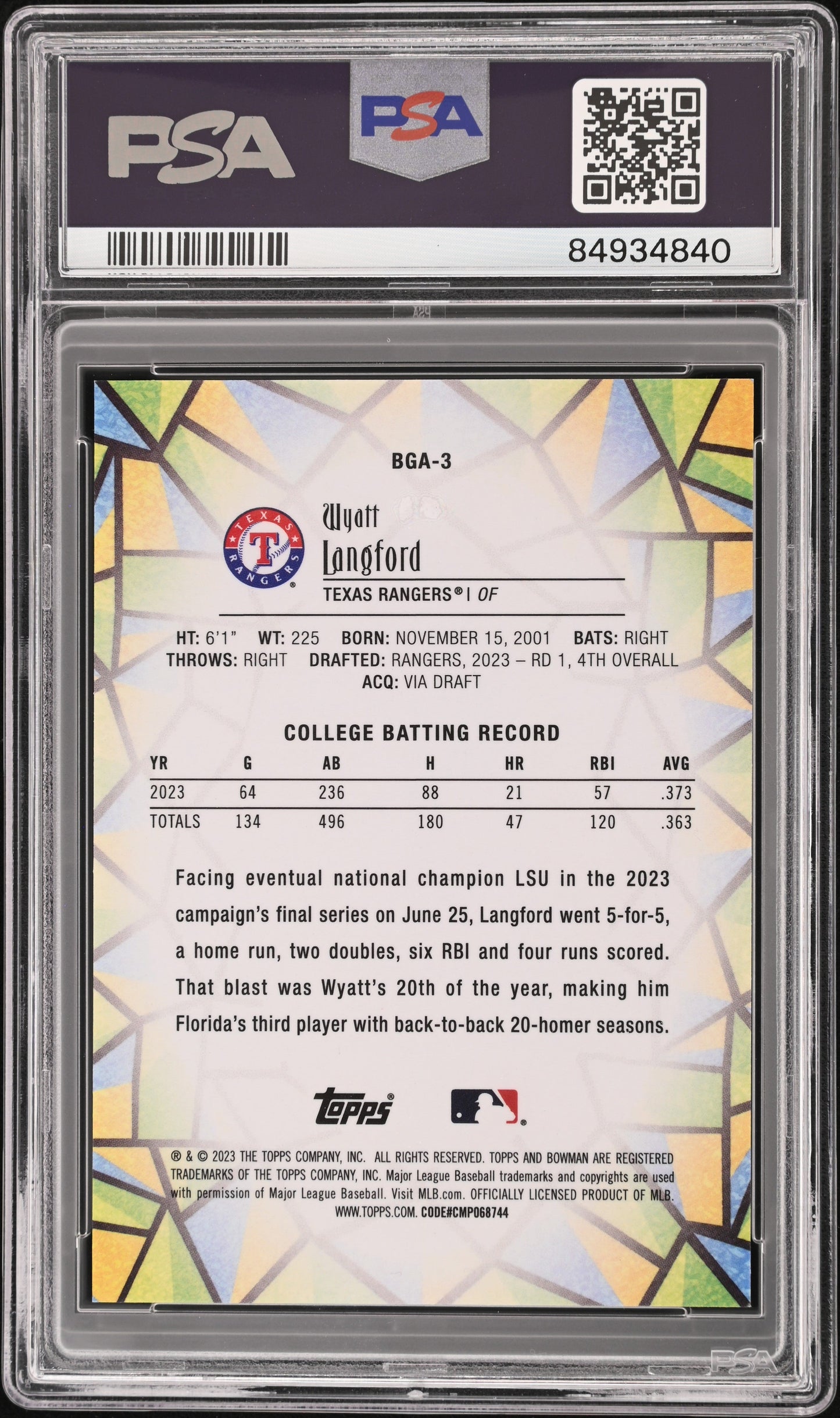 Graded 2023 Topps Bowman Draft Wyatt Langford #BGA3 Glass Rookie RC Baseball Card PSA 10 Gem Mint