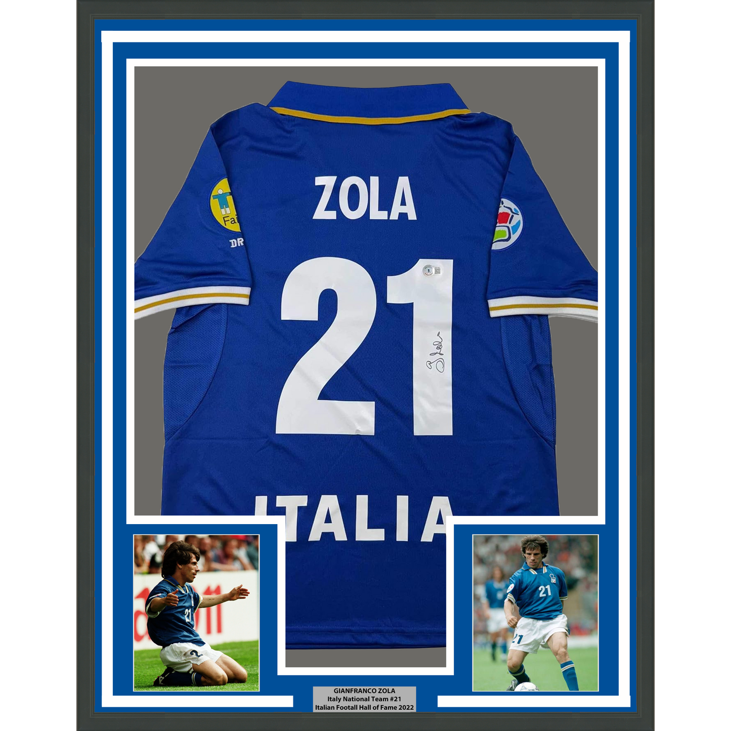 Framed Autographed/Signed Gianfranco Zola 35x39 Italy Blue Soccer Futbol Jersey Beckett BAS COA