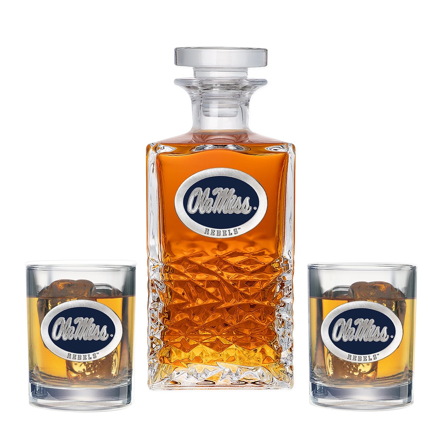 University of Mississippi "Ole Miss" Blue Logo Heritage Decanter with 2 Glasses