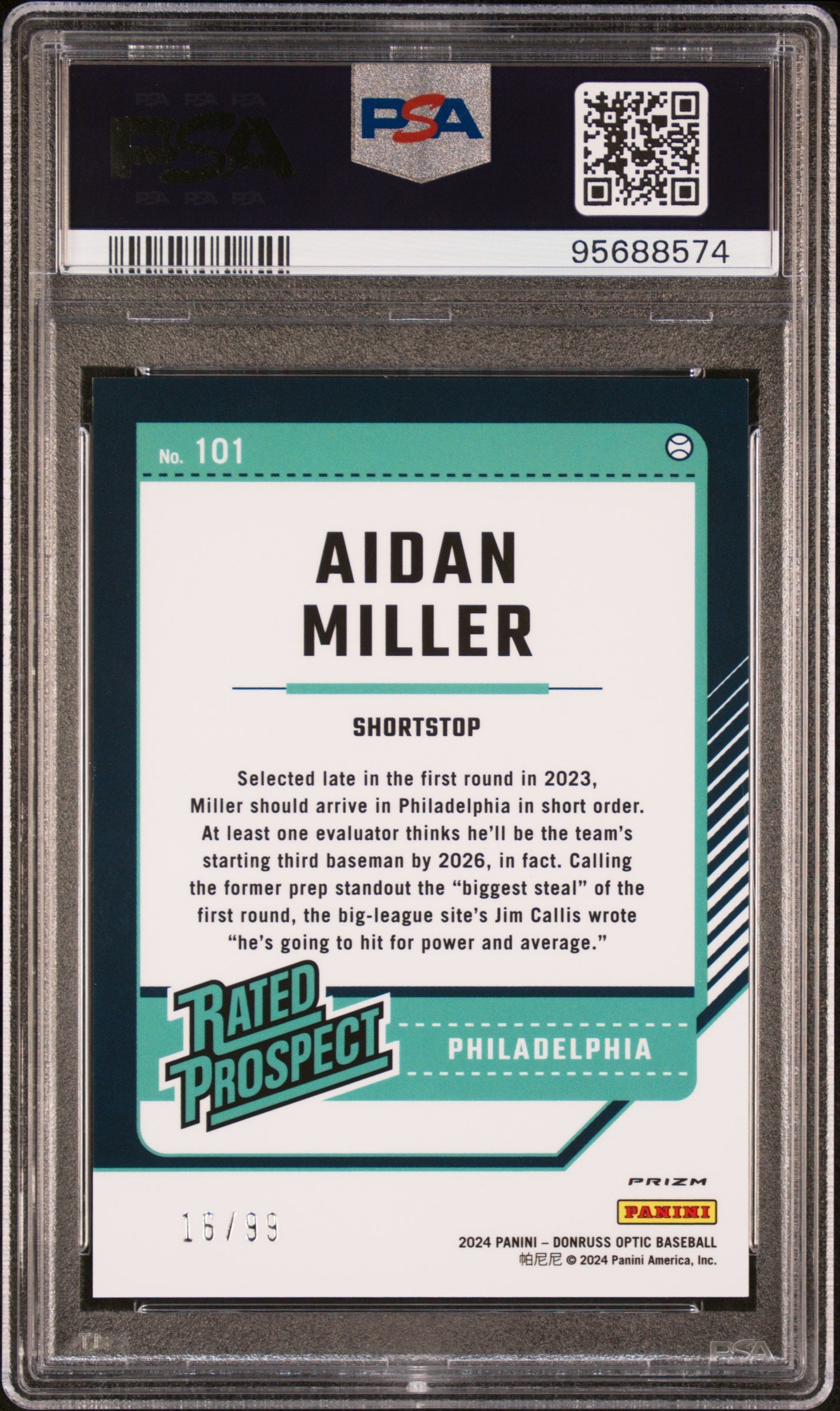 Graded 2024 Panini Donruss Aidan Miller #101 Optic Red #/99 Rookie RC Baseball Card PSA 10 Gem Mint