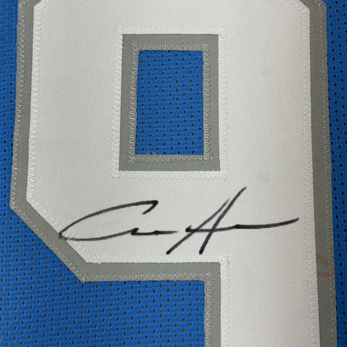Framed Autographed/Signed Aidan Hutchinson 35x39 Detroit Blue Current Football Jersey Beckett BAS COA