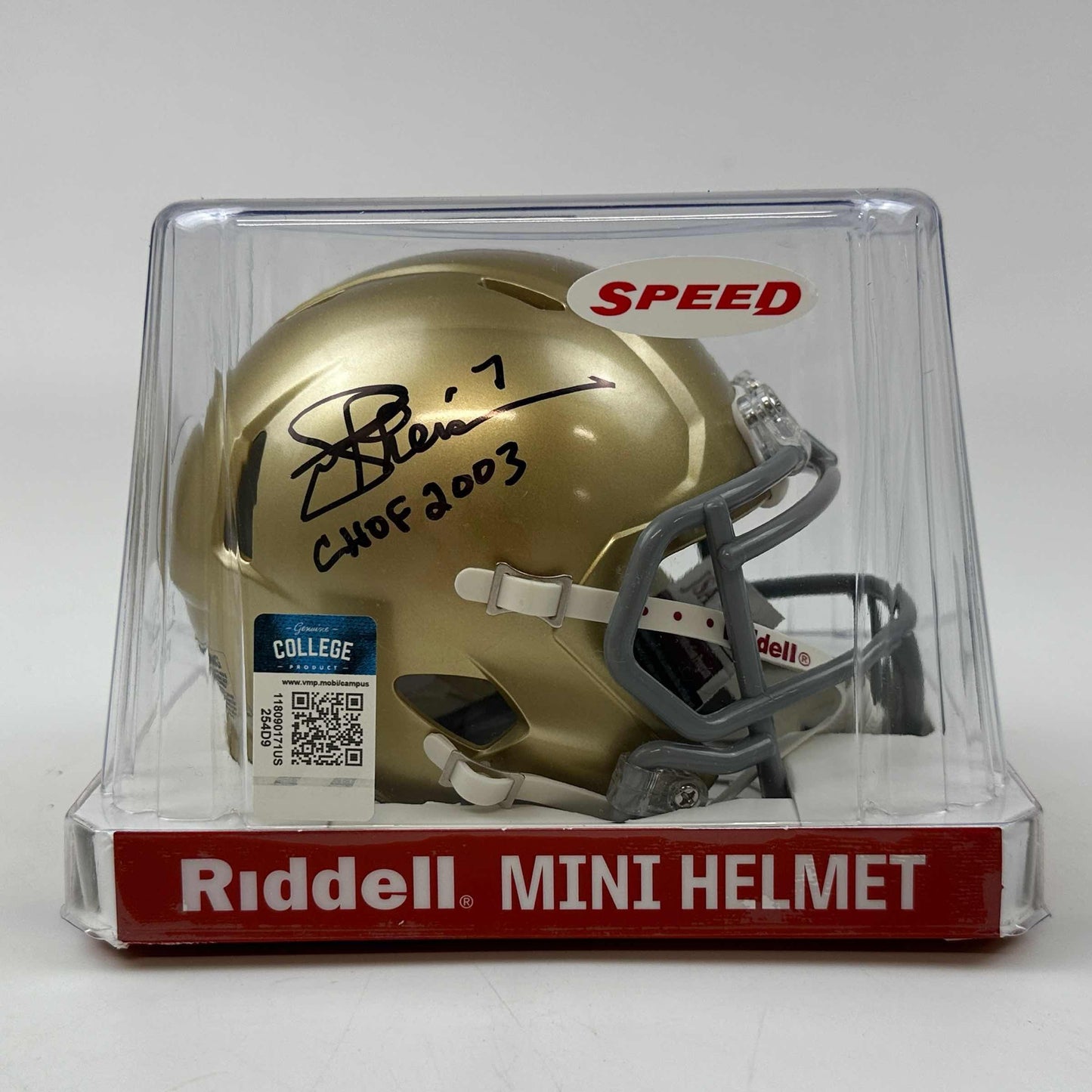 Autographed/Signed Joe Theismann CHOF 2003 Notre Dame Fighting Irish Mini Football Helmet JSA COA