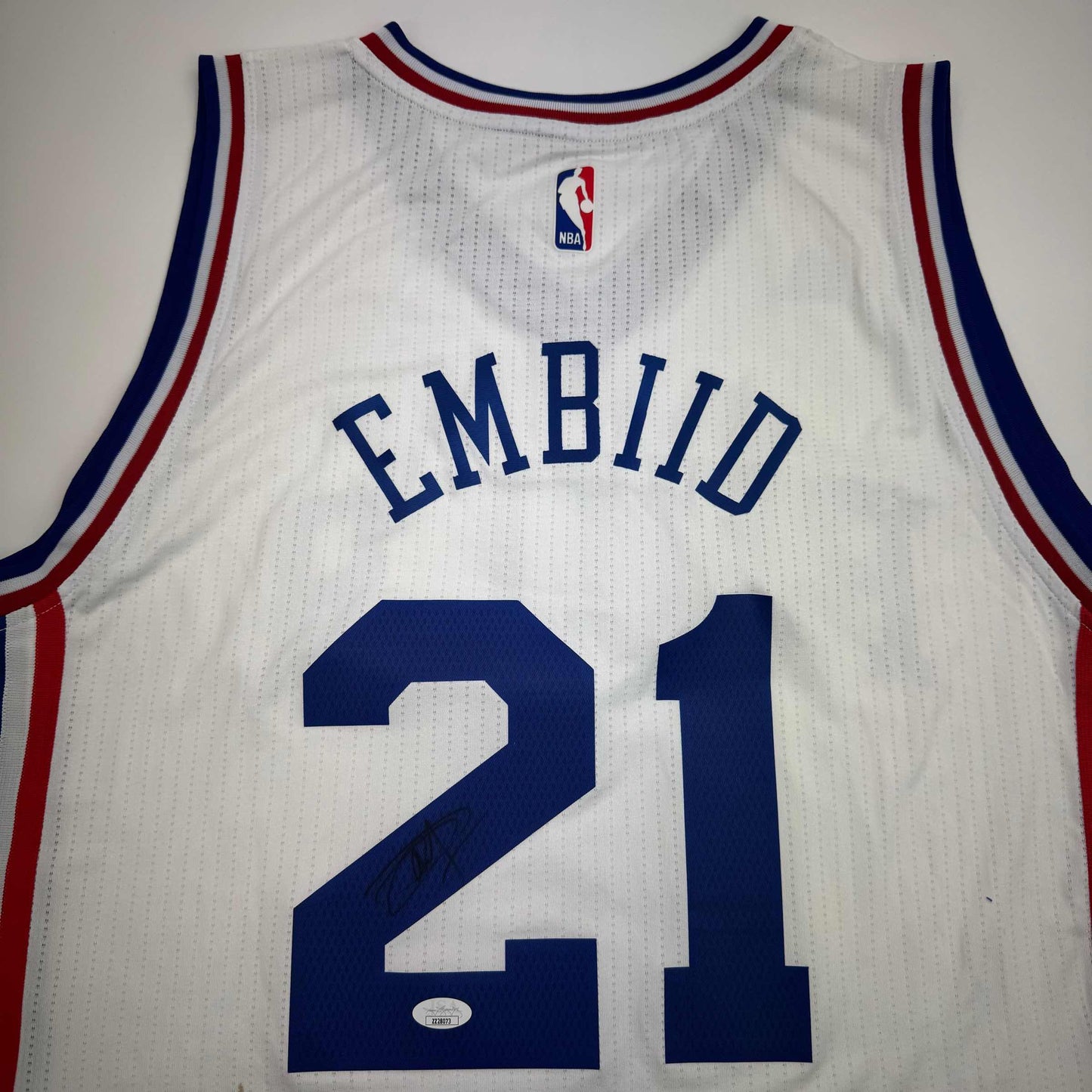 Autographed/Signed Joel Embiid Philadelphia White Basketball Jersey JSA COA