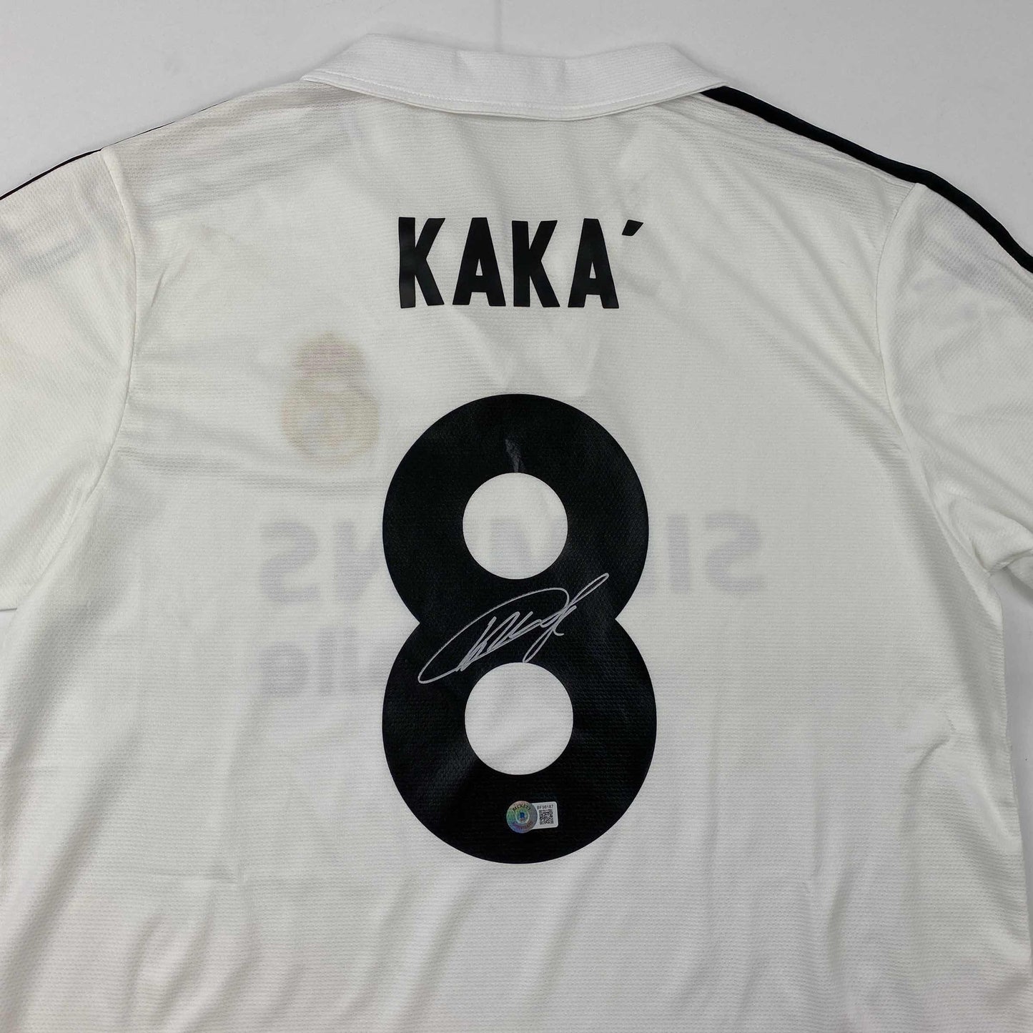 Autographed/Signed Ricardo Kaka Real Madrid White Soccer Futbol Jersey Beckett BAS COA