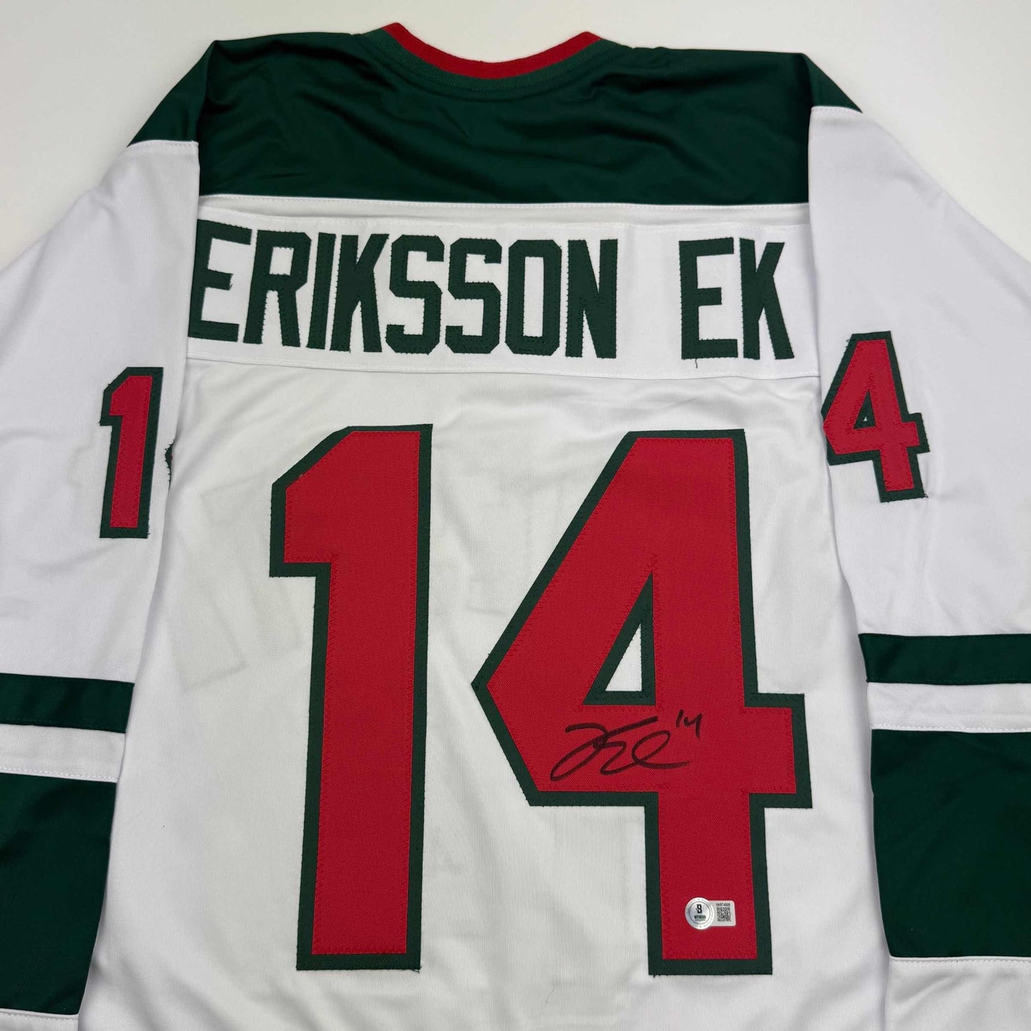 Autographed/Signed Joel Eriksson Ek Minnesota White Hockey Jersey Beckett BAS COA
