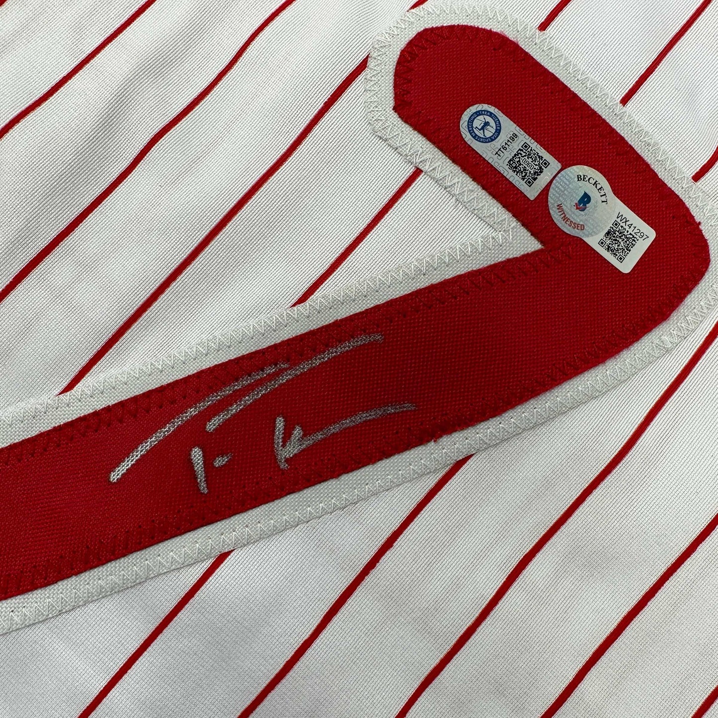 Autographed/Signed Trea Turner Philadelphia Pinstripe Baseball Jersey Beckett BAS COA