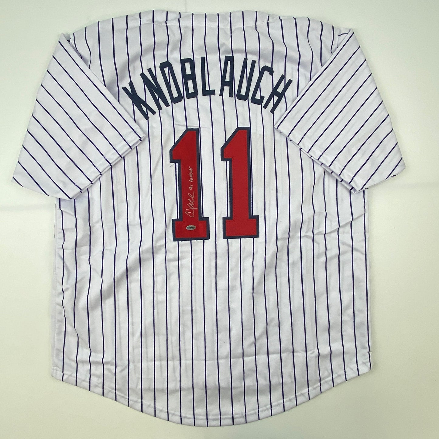 Autographed/Signed Chuck Knoblauch Minnesota Pinstripe Baseball Jersey Leaf Authentic COA