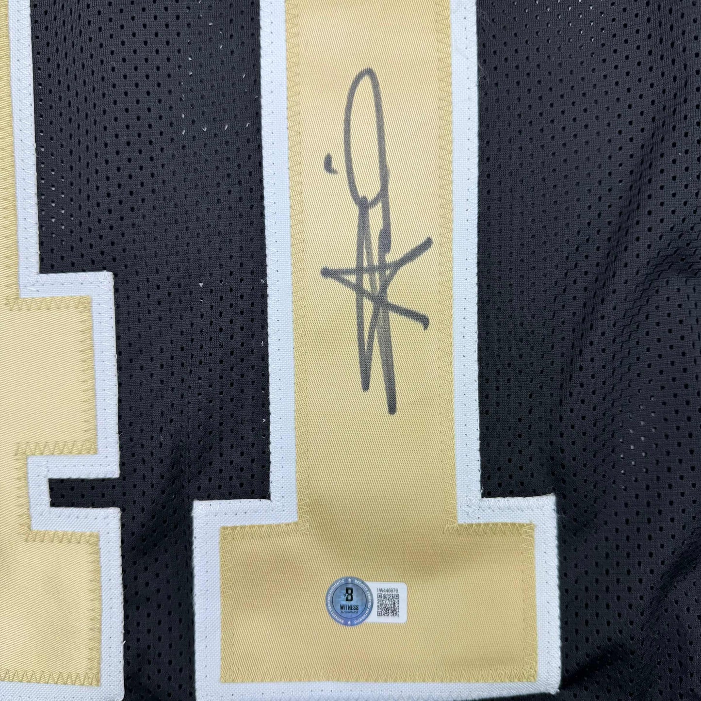 Framed Autographed/Signed Alvin Kamara 35x39 New Orleans Black Football Jersey Beckett BAS COA