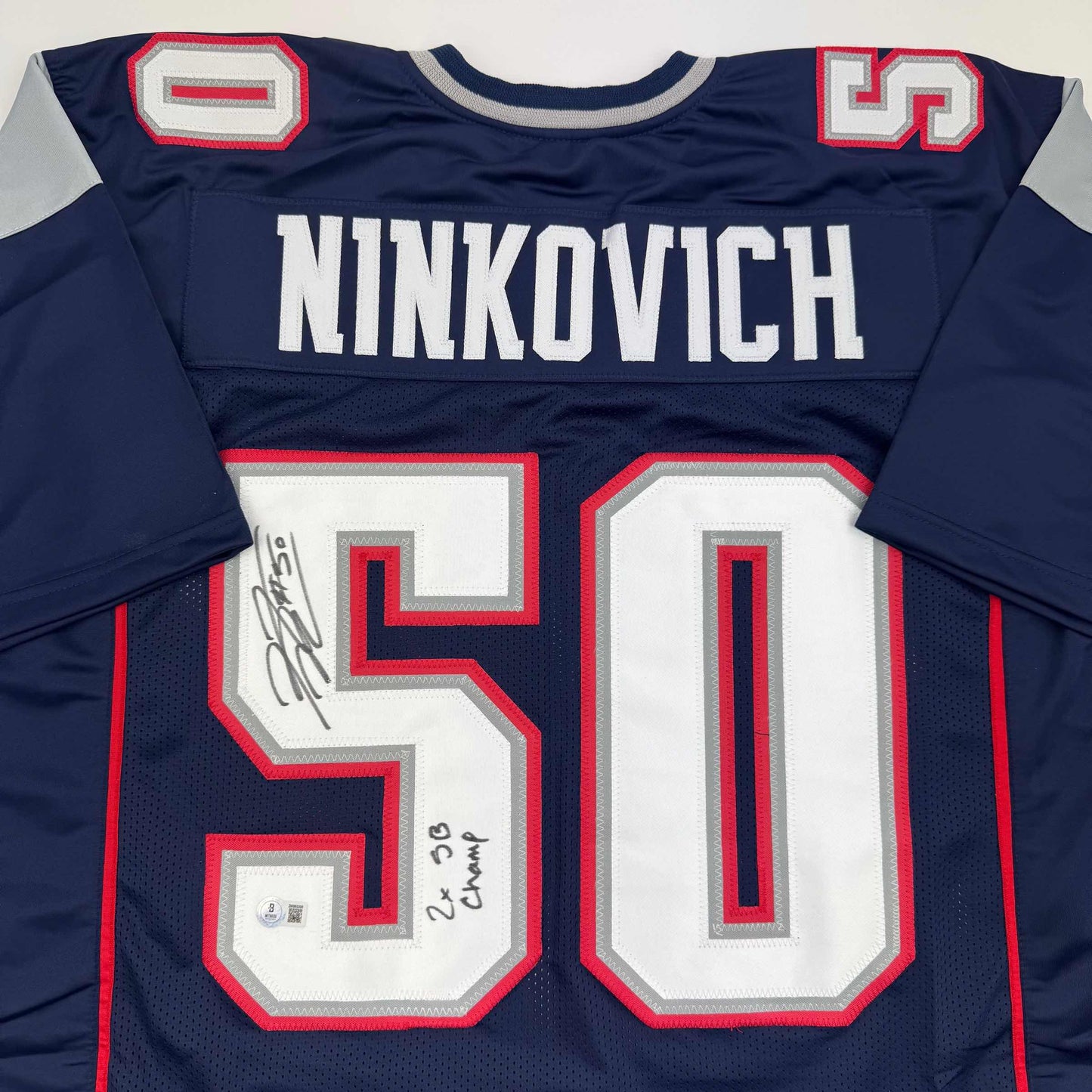 Autographed/Signed Rob Ninkovich "2x SB Champ" New England Blue Football Jersey Beckett BAS COA