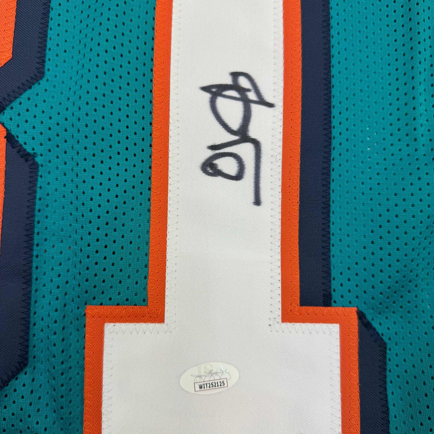 Framed Autographed/Signed O.J. OJ McDuffie 35x39 Miami Teal Football Jersey JSA COA