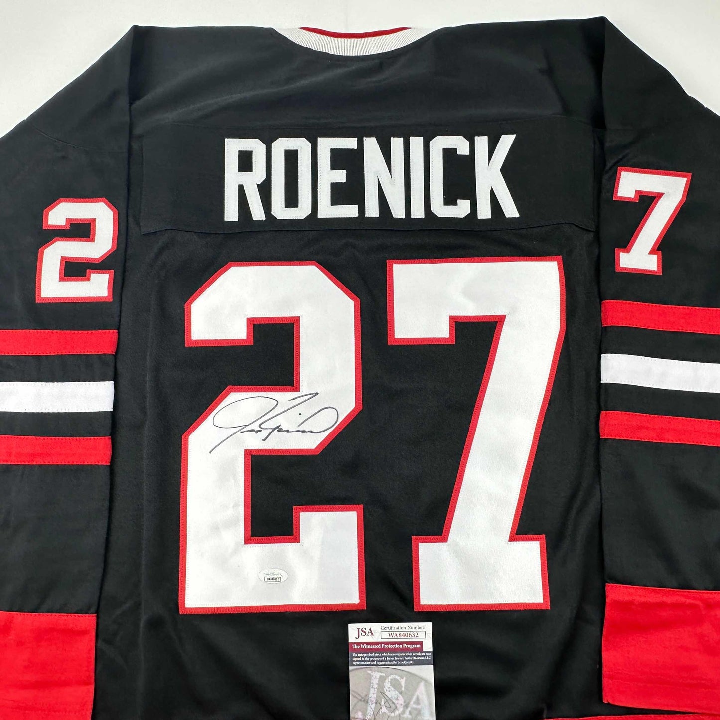 Autographed/Signed Jeremy Roenick Chicago Black Hockey Jersey JSA COA