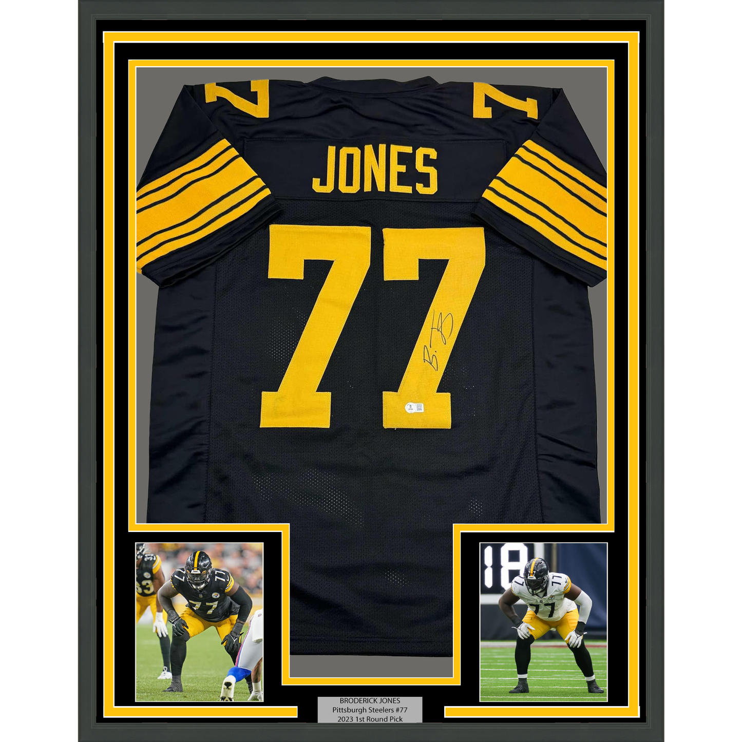 Framed Autographed/Signed Broderick Jones 35x39 Pittsburgh Black Color Rush CR Football Jersey Beckett BAS COA