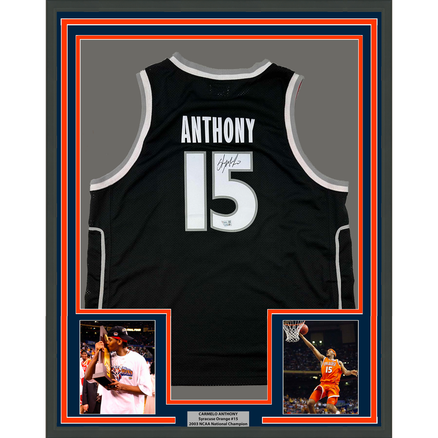 Framed Autographed/Signed Carmelo Anthony 35x39 Syracuse Orange Black Basketball Jersey Fanatics COA