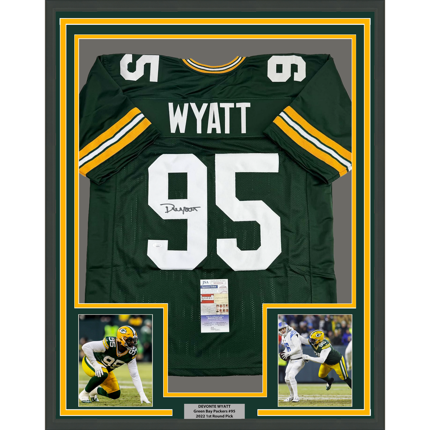 Framed Autographed/Signed Devonte Wyatt 35x39 Green Bay Green Football Jersey JSA COA