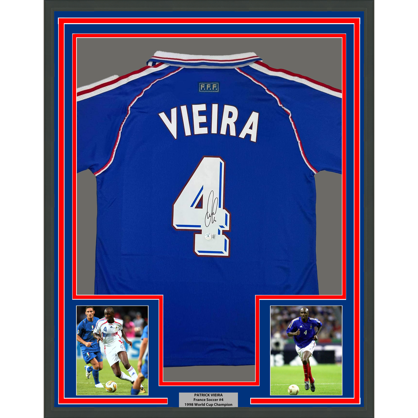 Framed Autographed/Signed Patrick Vieira 35x39 France French National Team Blue Soccer Jersey Beckett BAS COA