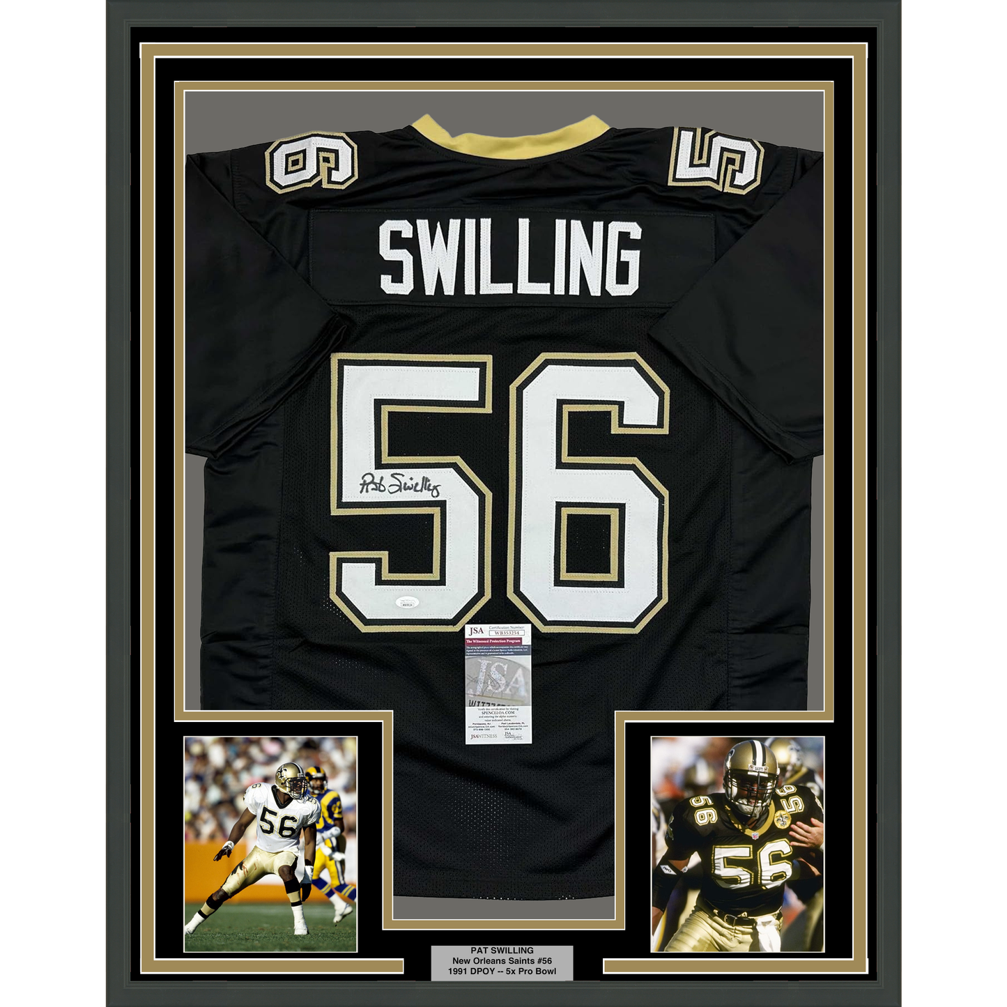 Framed Autographed/Signed Pat Swilling 35x39 New Orleans Black Football Jersey JSA COA