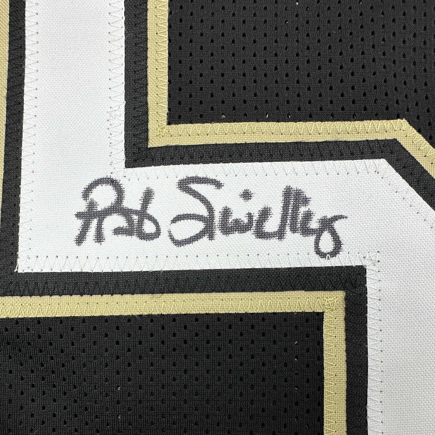 Framed Autographed/Signed Pat Swilling 35x39 New Orleans Black Football Jersey JSA COA