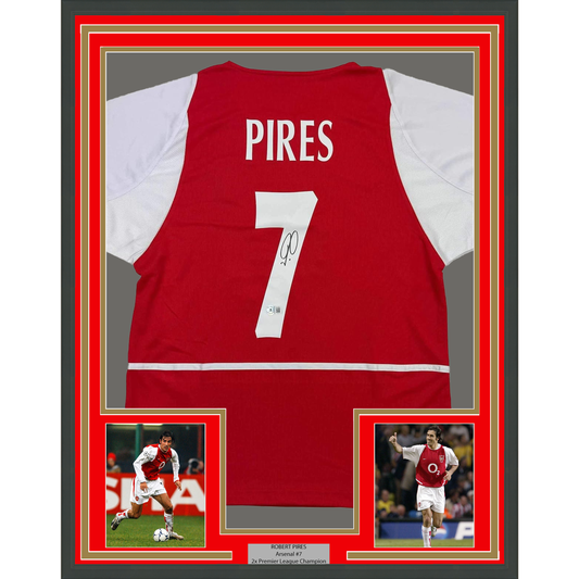 Framed Autographed/Signed Robert Pires 35x39 Arsenal Red Soccer Jersey Beckett BAS COA