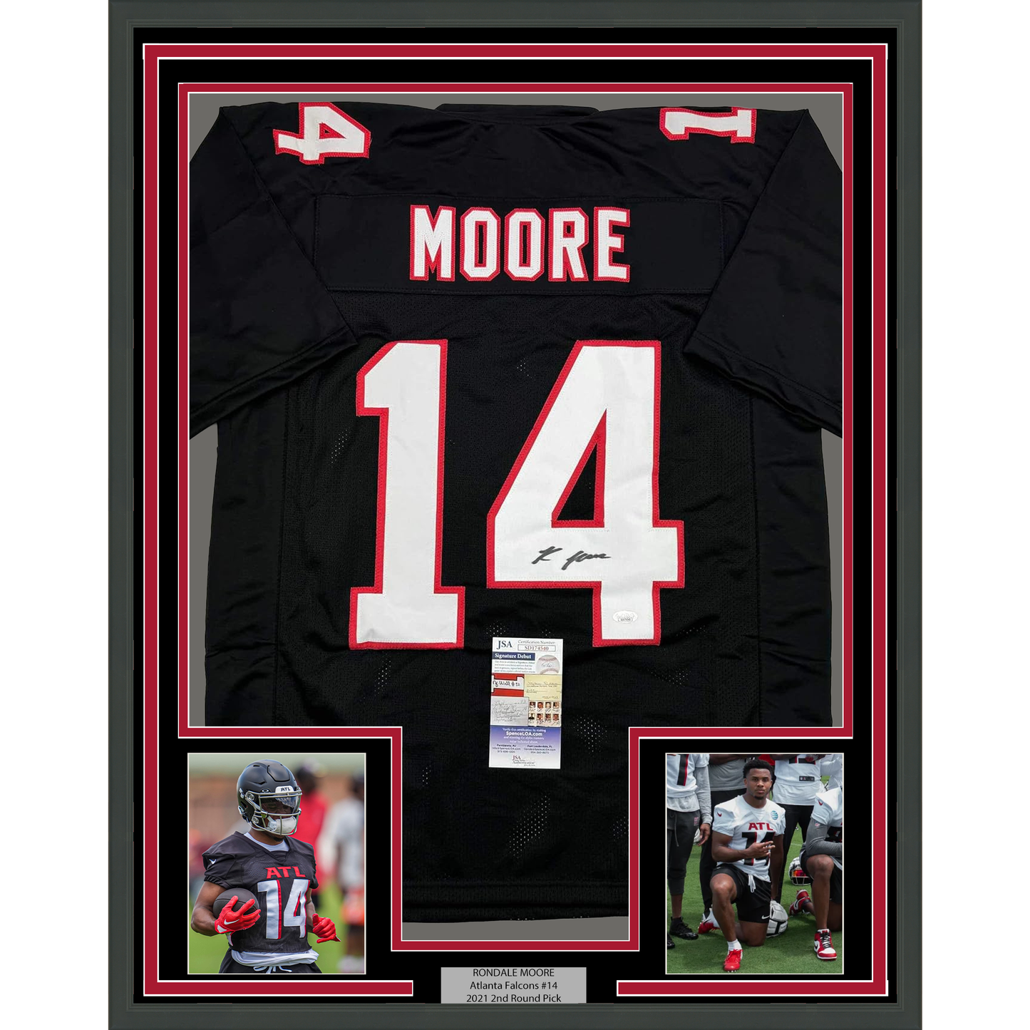 Framed Autographed/Signed Rondale Moore 35x39 Atlanta Black Football Jersey JSA COA