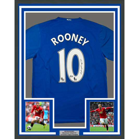 Framed Autographed/Signed Wayne Rooney 35x39 Manchester United Blue Soccer Jersey Beckett BAS COA