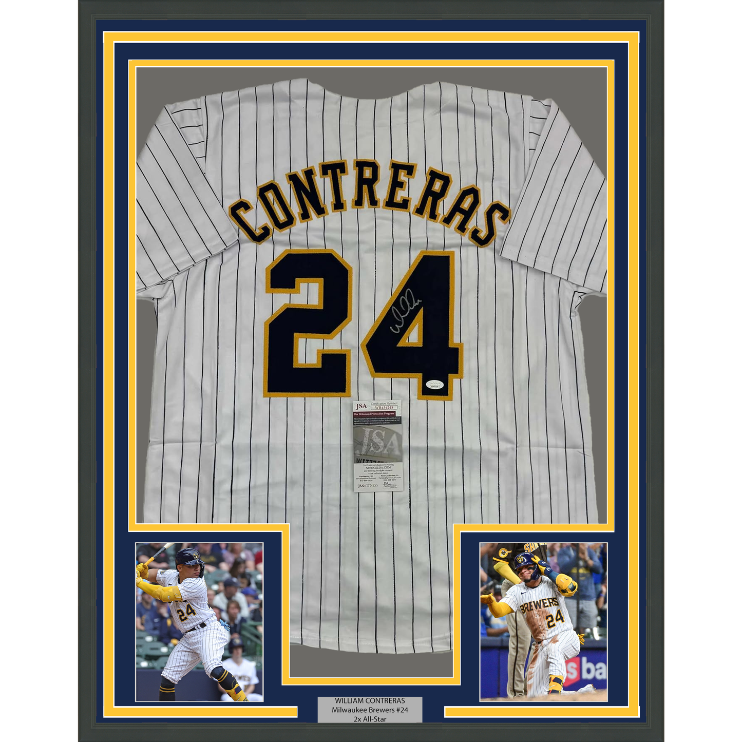 Framed Autographed/Signed William Contreras 35x39 Milwaukee Pinstripe Baseball Jersey JSA COA