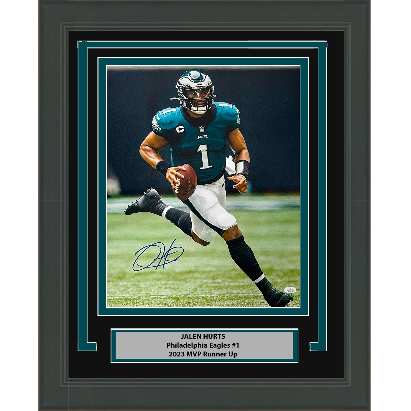 Framed Autographed/Signed Jalen Hurts Philadelphia Eagles 16x20 Football Photo JSA COA #1