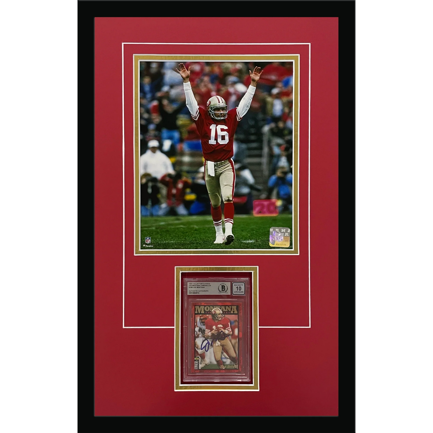 Joe Montana Autographed Football Card Deluxe Framed with San Francisco 49ers 8x10 Photo - Beckett