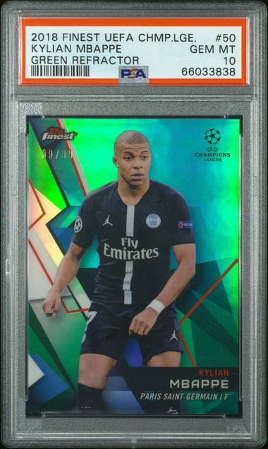 Graded 2018 Topps Finest UCL Kylian Mbappe #50 Green Refractor /99 Soccer Card PSA 10 Gem Mint