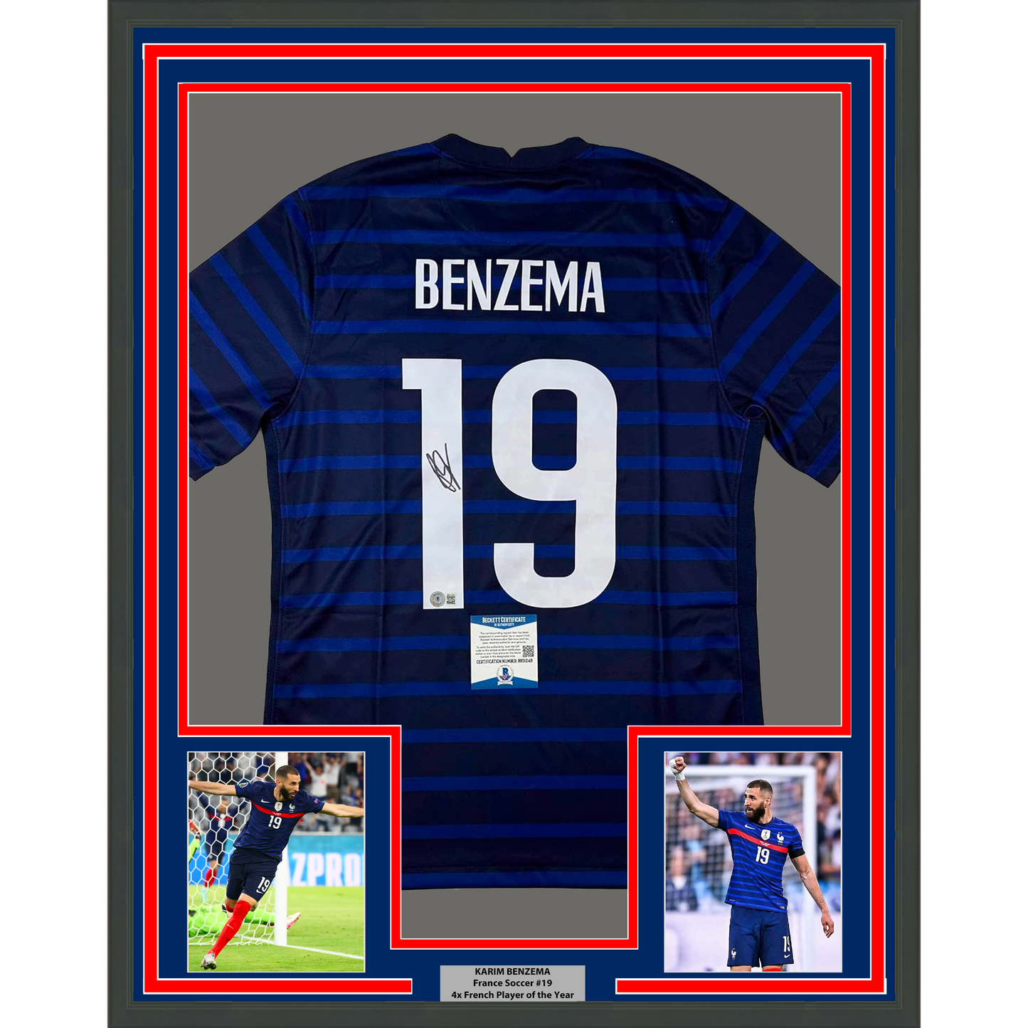 Framed Autographed/Signed Karim Benzema 35x39 France French National Team Blue Soccer Jersey Beckett BAS COA
