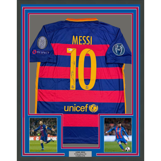 Framed Autographed/Signed Lionel Leo Messi 35x39 FC Barcelona Soccer Jersey Beckett BAS COA