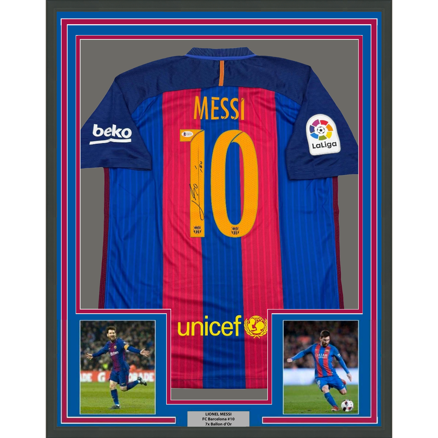 Framed Autographed/Signed Lionel Leo Messi 35x39 FC Barcelona Soccer Jersey Beckett BAS COA #4