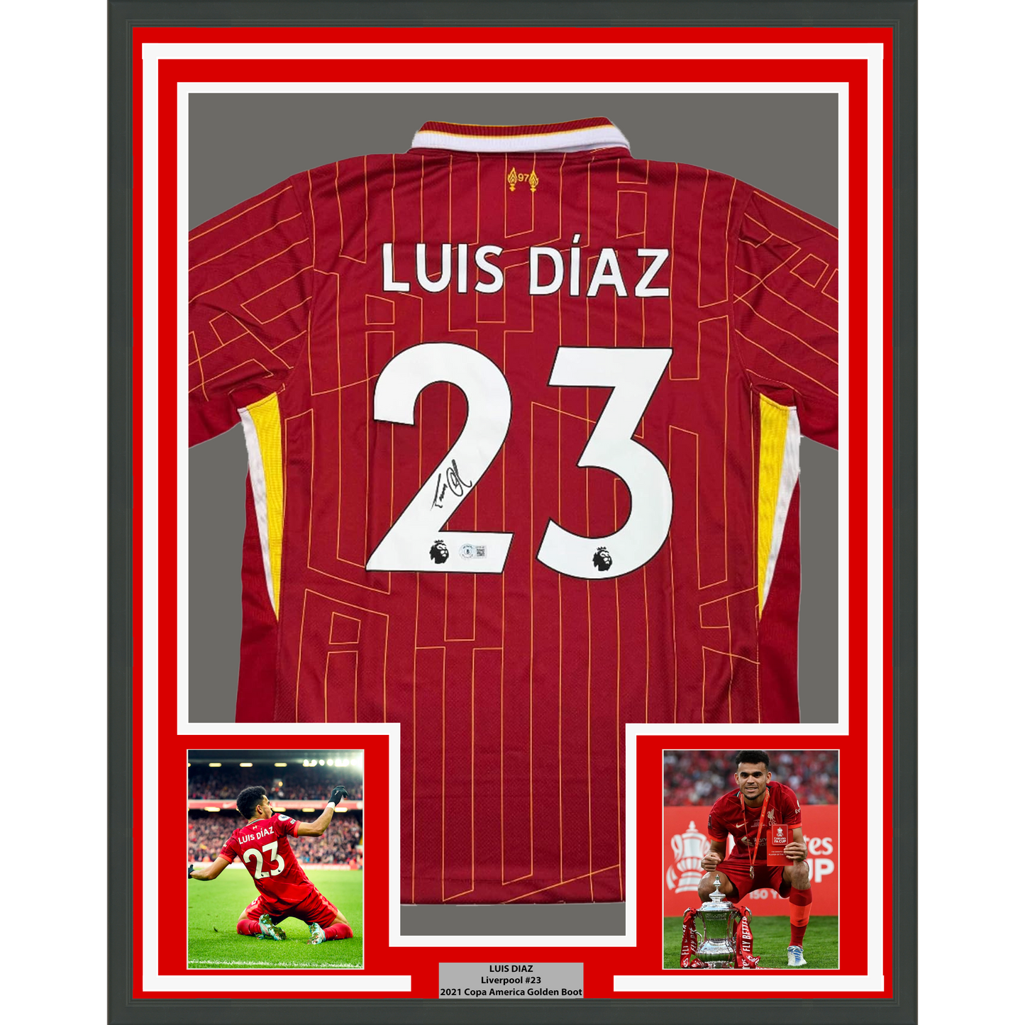 Framed Autographed/Signed Luis Diaz 35x39 Liverpool Red Soccer Jersey Beckett BAS COA