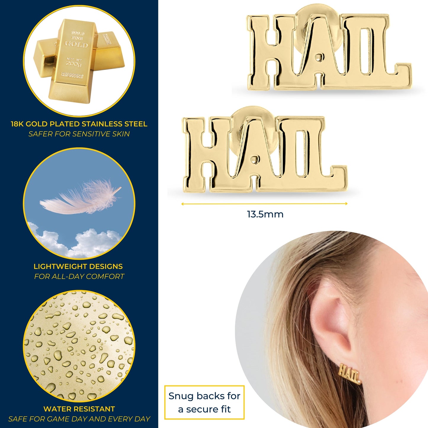 Michigan Earrings HAIL Studs 18K Gold Finish