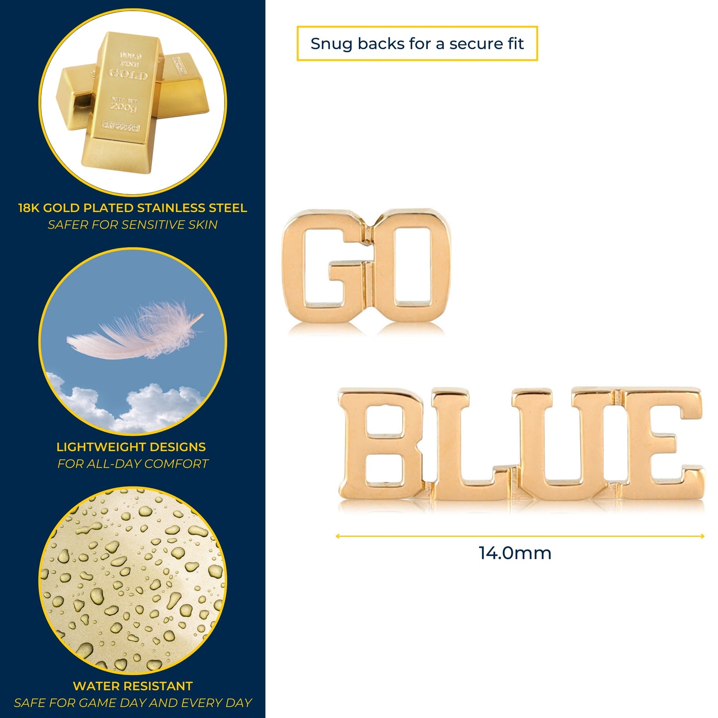 University of Michigan Earring Studs Go Blue 18K Gold Finish