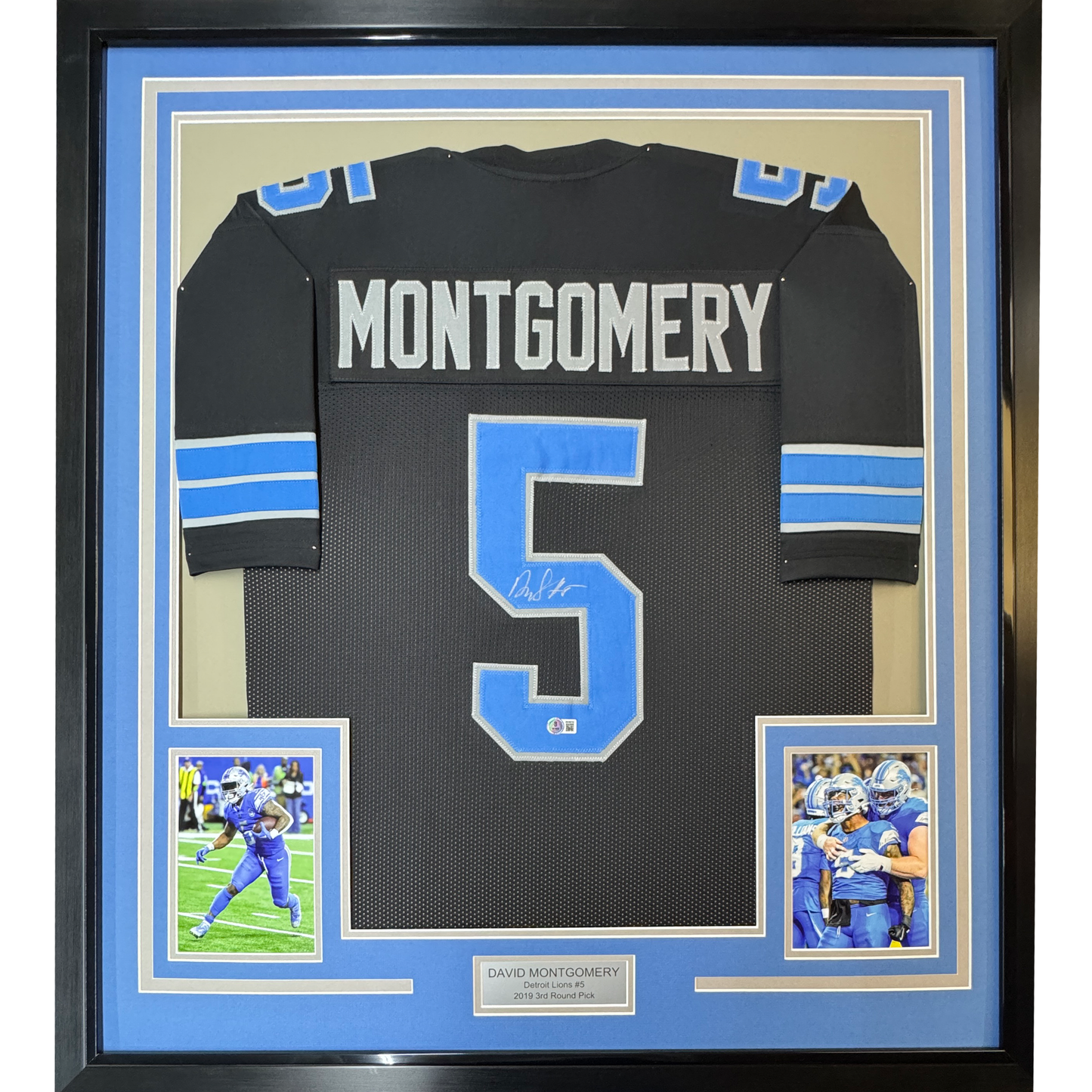 Framed Autographed/Signed David Montgomery 35x39 Detroit Black Football Jersey Beckett BAS COA