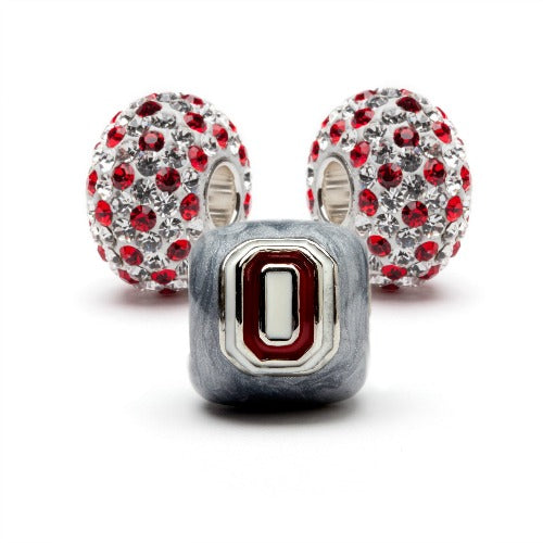OSU Grey Block O with Scarlet Crystals Bead Charm Set