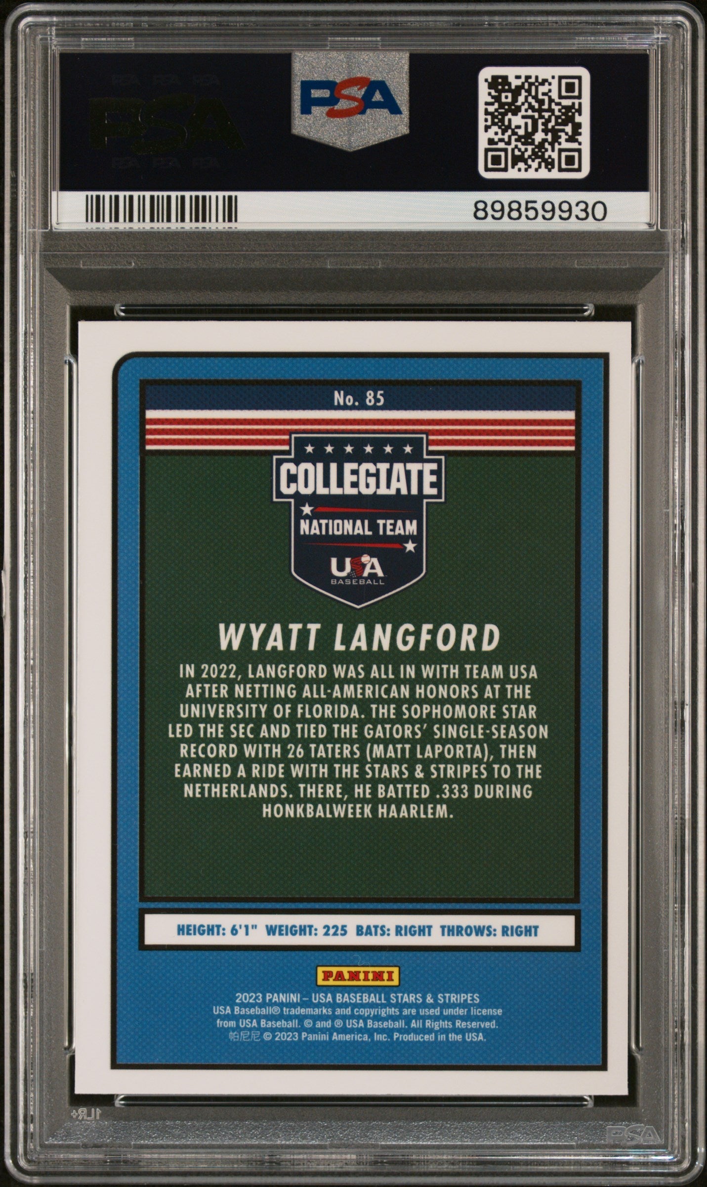 Graded 2023 Panini Stars & Stripes USA Wyatt Langford #85 Rookie RC Baseball Card PSA 8 Near Mint
