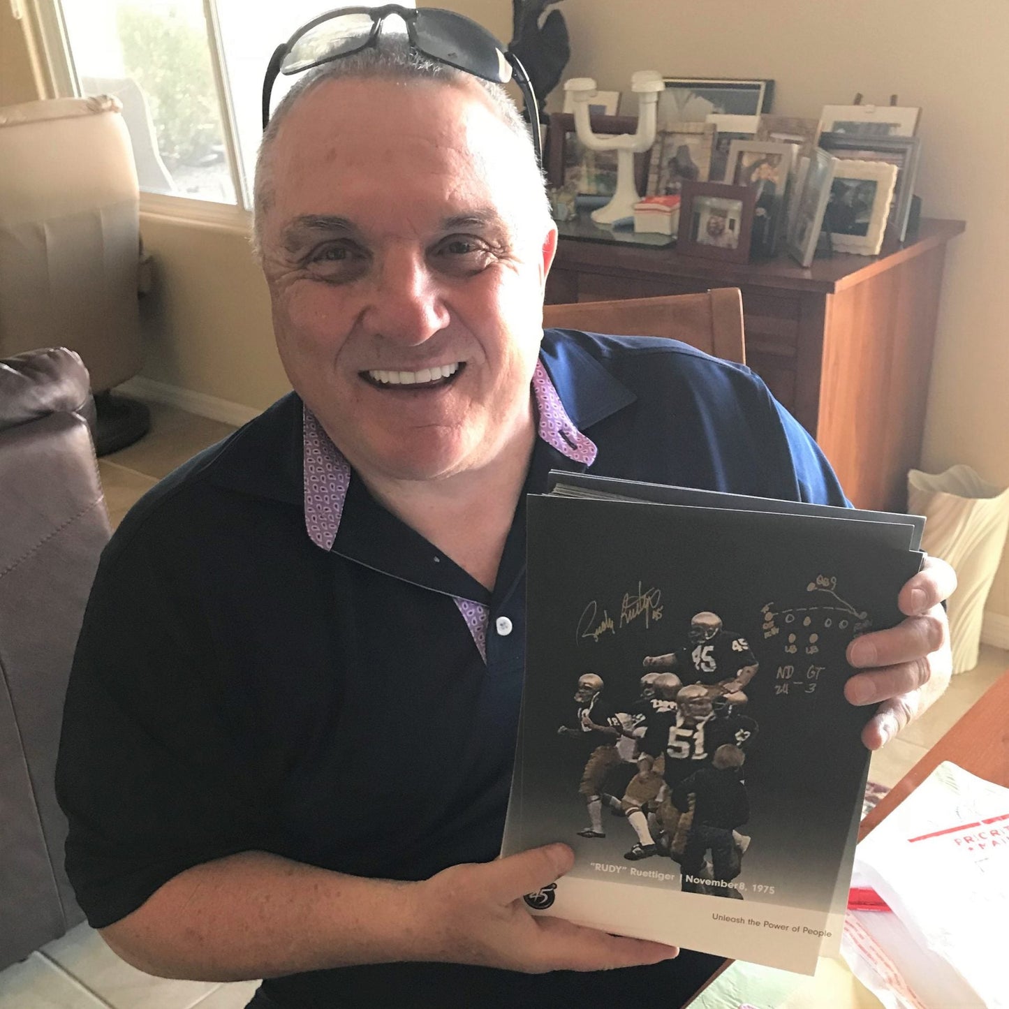 Rudy Ruettiger Autographed Notre Dame (Carried off Field) Deluxe Framed 8x10 Photo w/ Full Drawn Play