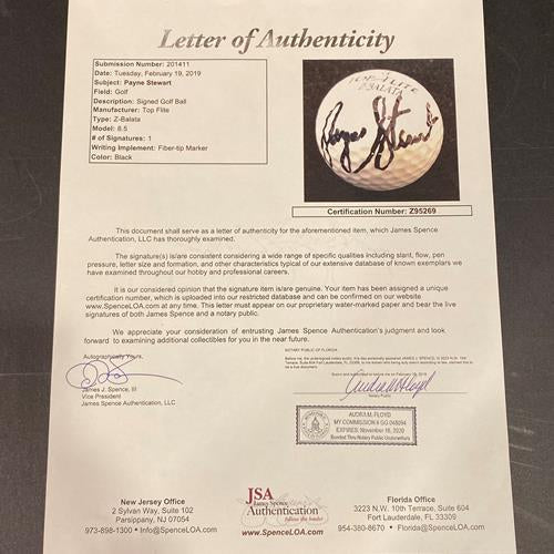 Payne Stewart Autographed Top Flight Personal P.S. Engraved Golf Ball - JSA Full Letter
