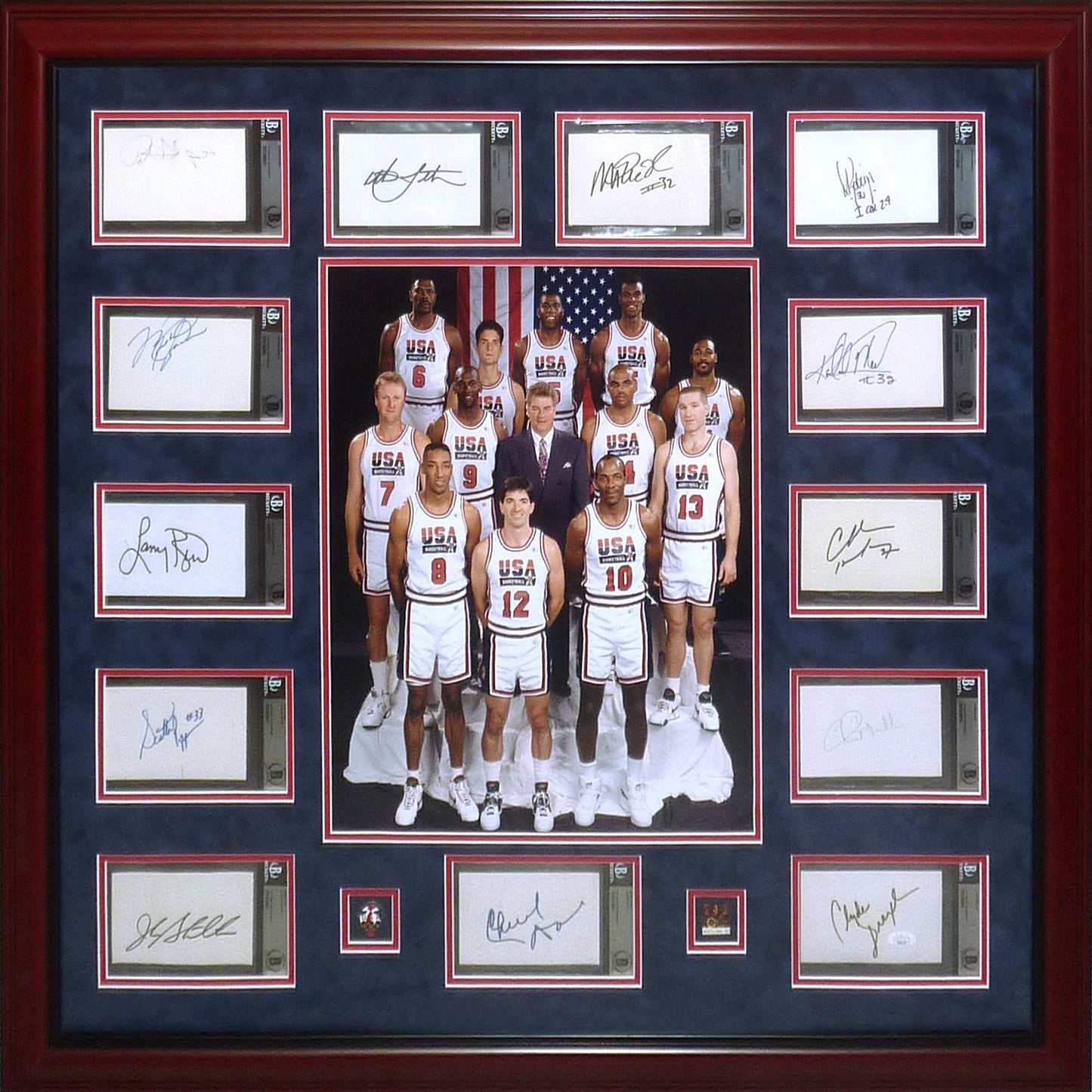 DREAM TEAM Autographed 1992 Barcelona Olympics USA Basketball Deluxe Framed Index Card Piece with 16x20 Photo - Coach Daly and 12 Members - JSA