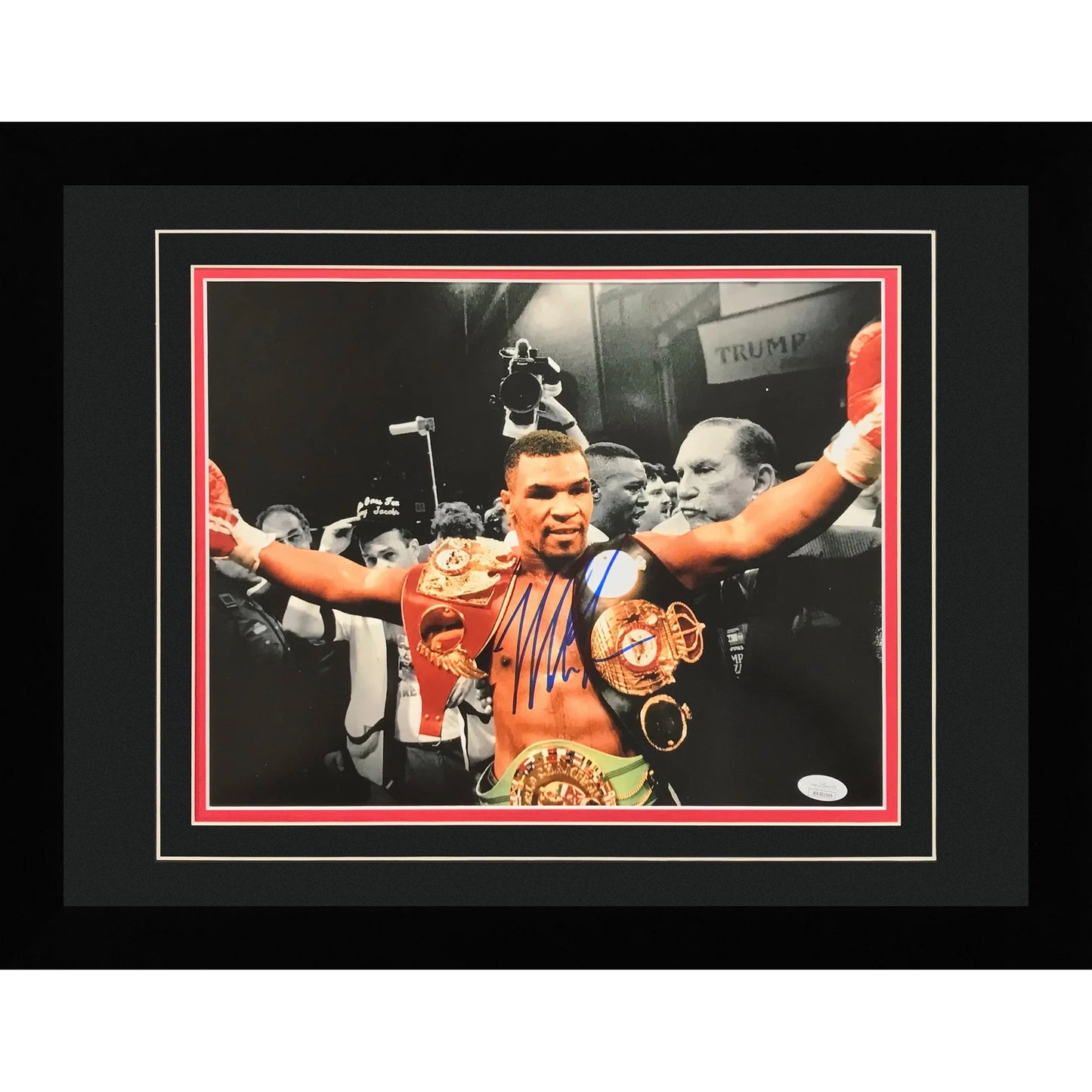 Mike Tyson Autographed Boxing (Spotlight with 3 Title Belts) Deluxe Framed 11x14 Photo - Tyson Holo