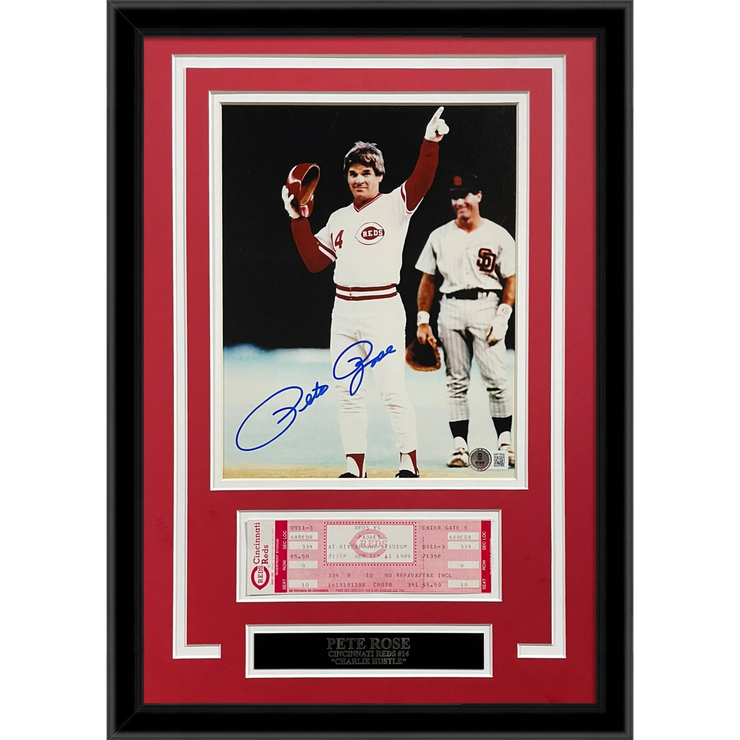 Pete Rose Autographed Cincinnati Reds (4192 Hit) Framed 8×10 Photo with Replica Game Ticket - JSA