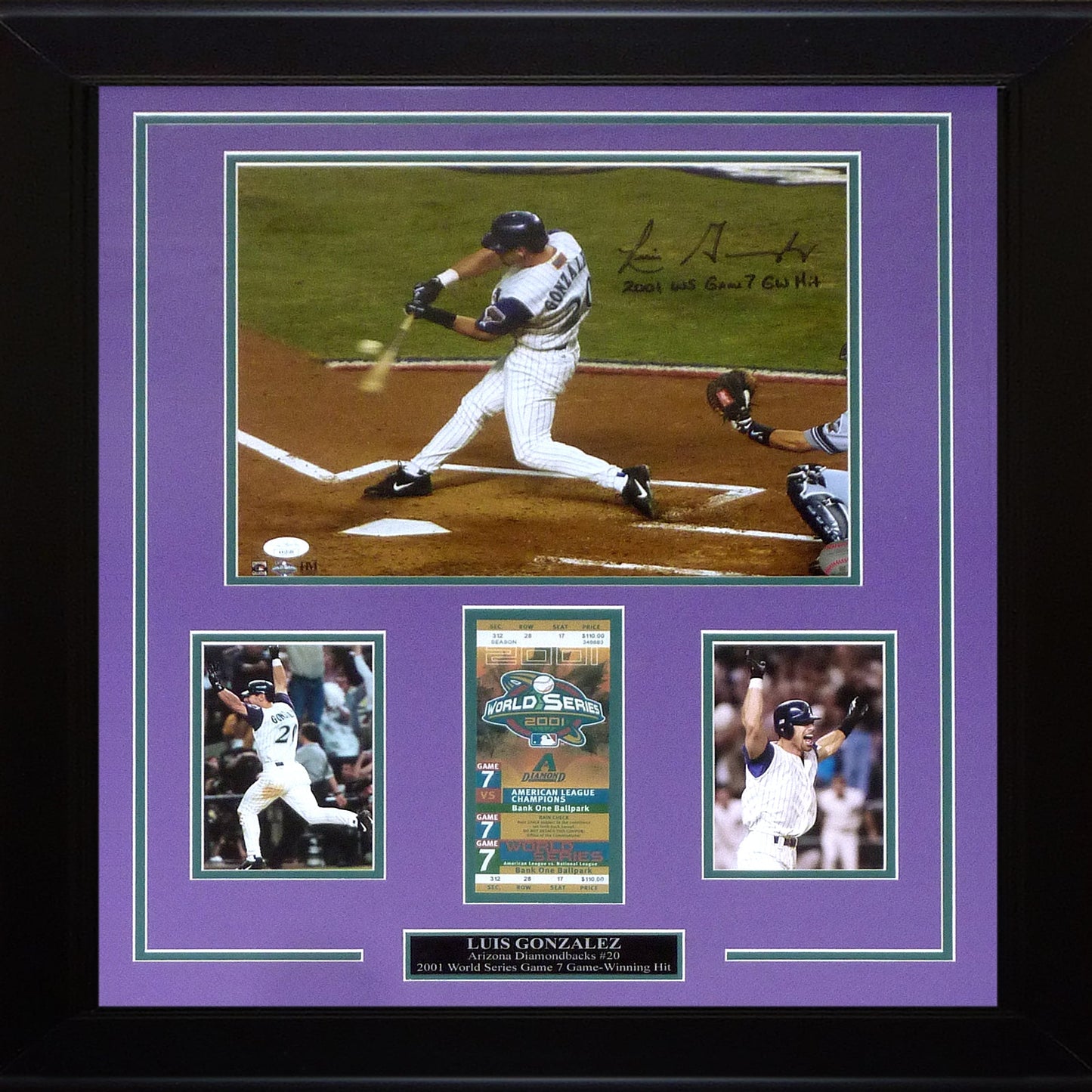 Luis Gonzalez Autographed Arizona Diamondbacks (2001 World Series Hit) Deluxe Framed 11x14 Photo w/ Replica World Series Ticket