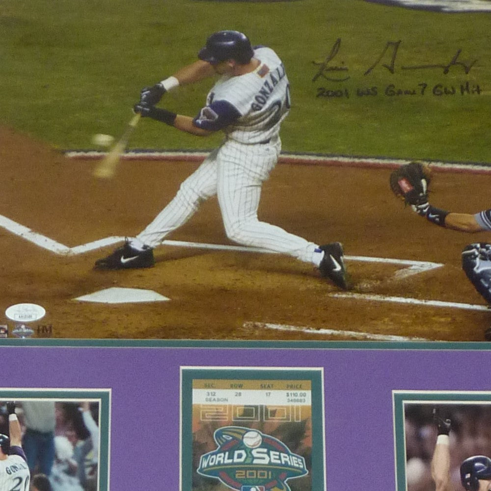 Luis Gonzalez Autographed Arizona Diamondbacks (2001 World Series Hit) Deluxe Framed 11x14 Photo w/ Replica World Series Ticket
