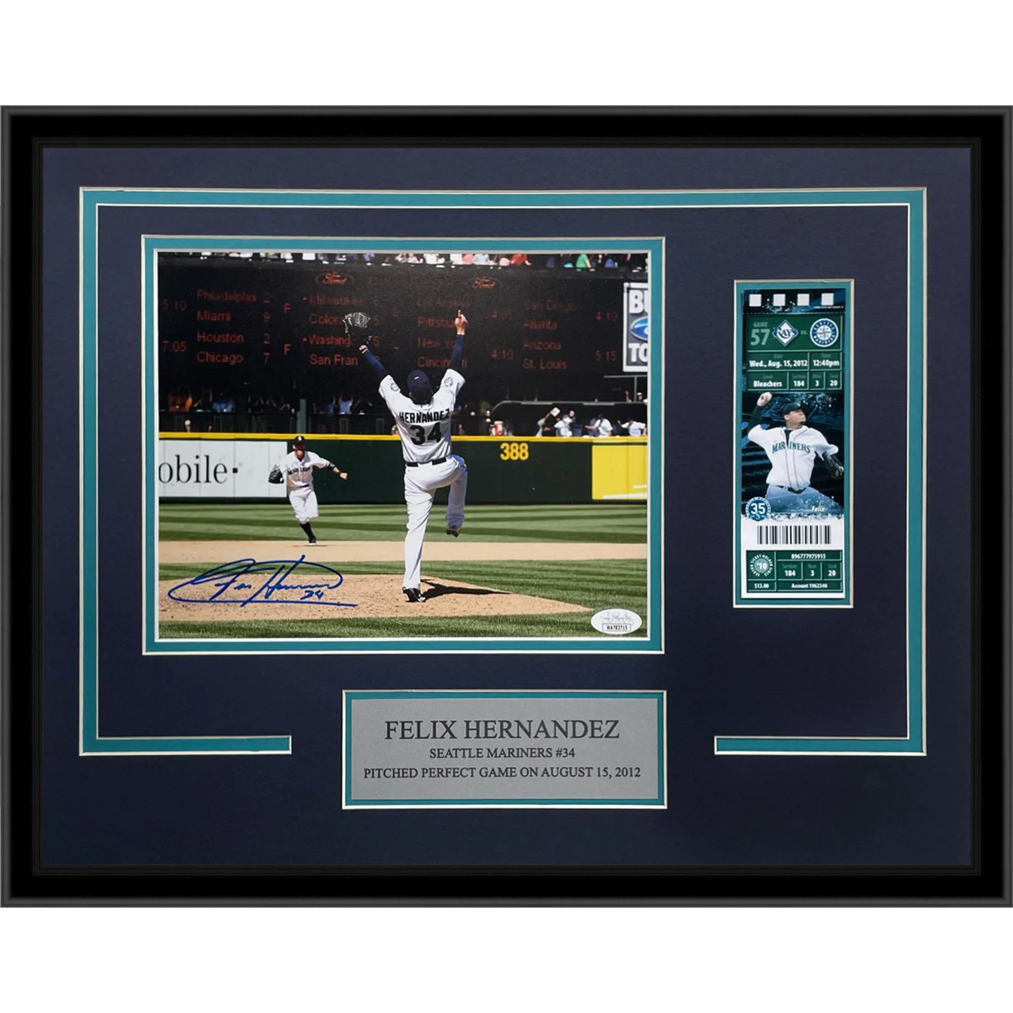 Felix Hernandez Autographed Seattle Mariners (Perfect Game) Framed 8×10 Photo with Replica Game Ticket – JSA
