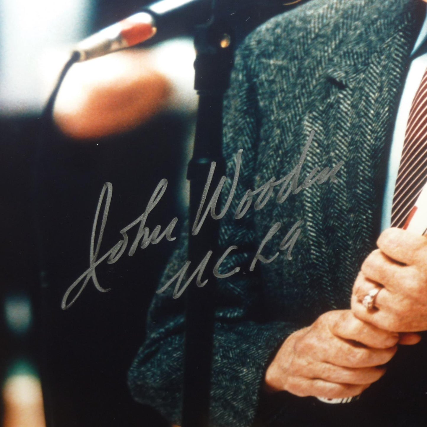 John Wooden Autographed UCLA Bruins with Microphone Deluxe Framed 8x10 Photo - JSA