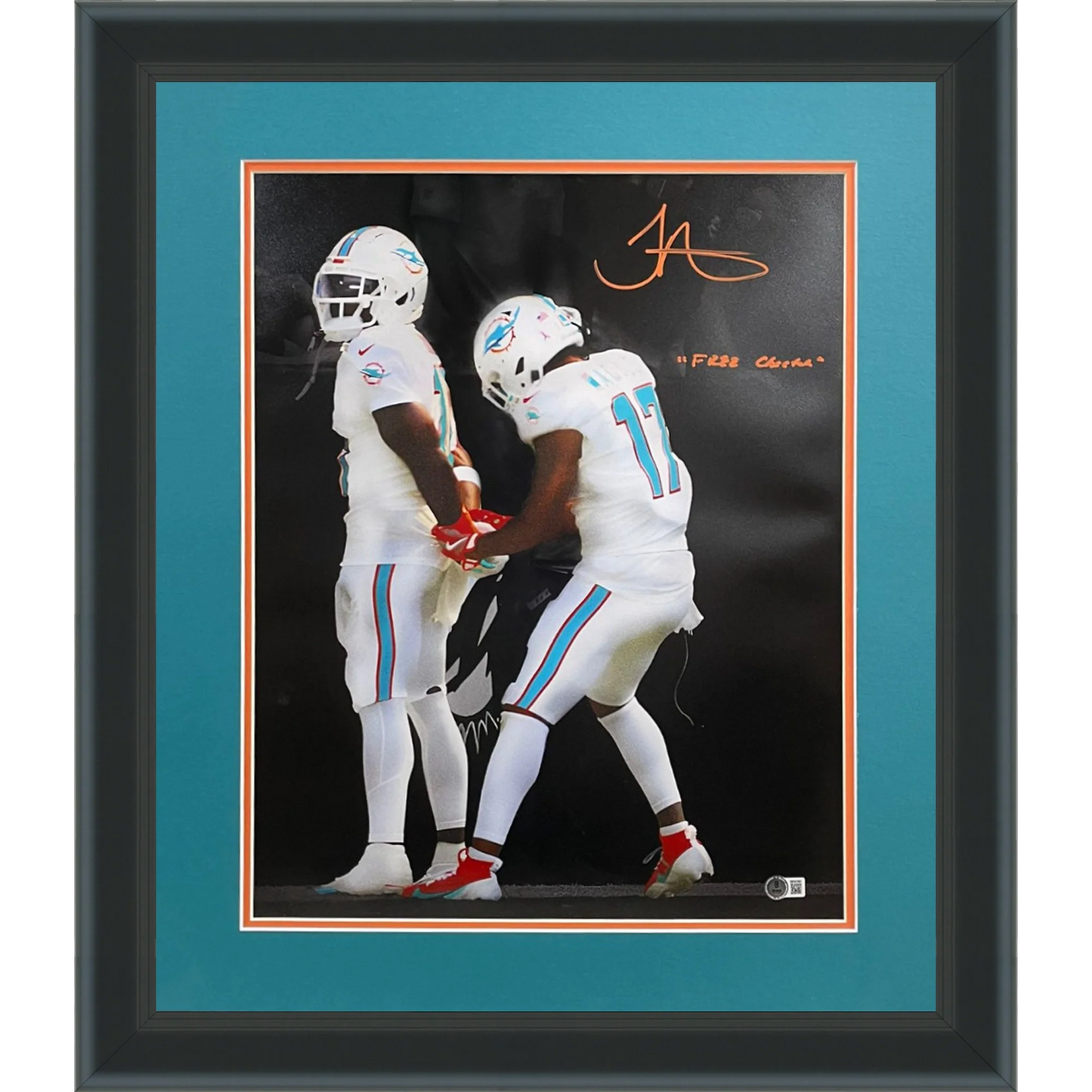 Tyreek Hill Autographed Miami Dolphins (Handcuffs Celebration Spotlight) Deluxe Framed 16x20 Photo w/ "Free Cheetah" - Beckett